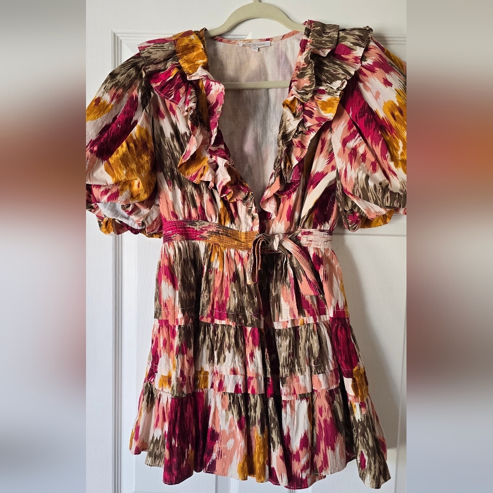 Abstract Print Ruffle V-Neck Mini Dress in Multi-Color - Picture 5 of 8